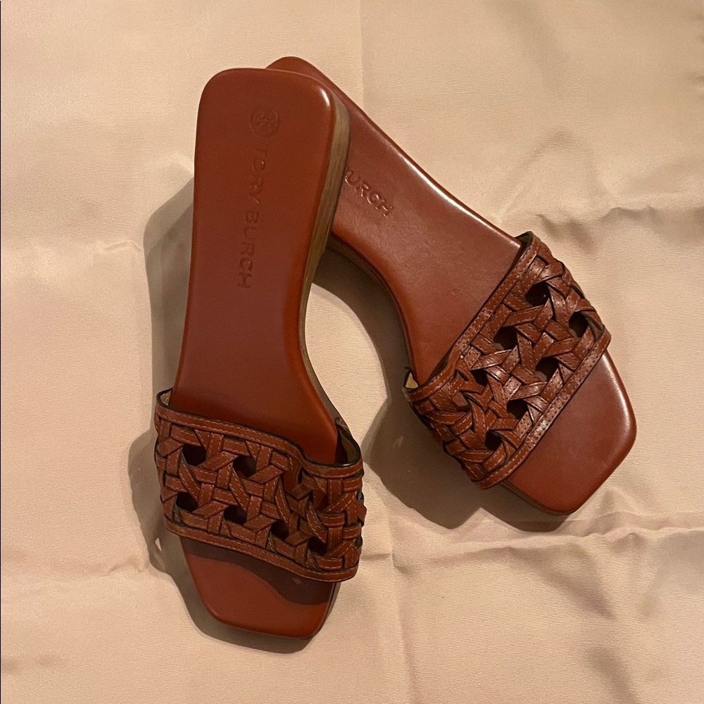 Tory Burch Cognac Woven Leather Slide Mules